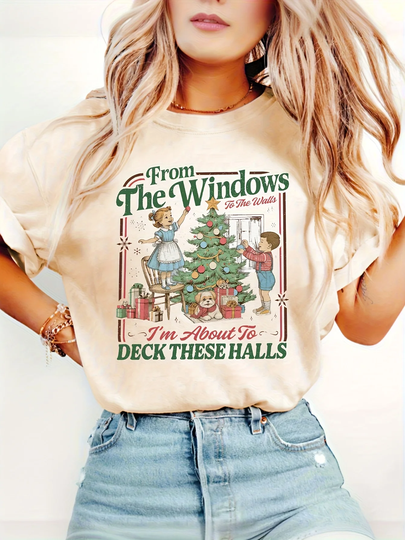 Vintage „From The Windows I'm about Christmas Tree“-T-Shirt für Damen, süßes, lustiges Weihnachtsshirt mit grafischem Motiv, Weihnachtsgeschenk, Damenoberteile – Detail 2