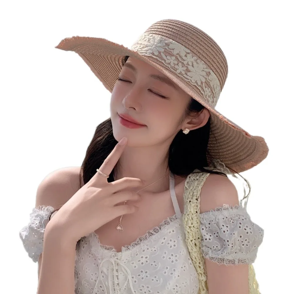 

Sweet Breathable Lace Bowknot Straw Hat Adjustable Korean Style Wide Brim Sun Hat Sweet Anti UV Sunshade Cap Beach