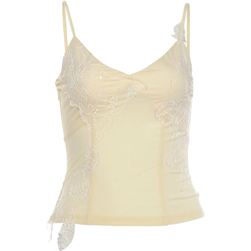 Weird Puss Pailletten-Spitzen-Patchwork 2-teiliges Set für Damen, durchsichtiges Camisole mit tiefem Ausschnitt + Rock mit elastischem Bund und Stufenabschluss, süße Sommer-Outfits – Detail 2
