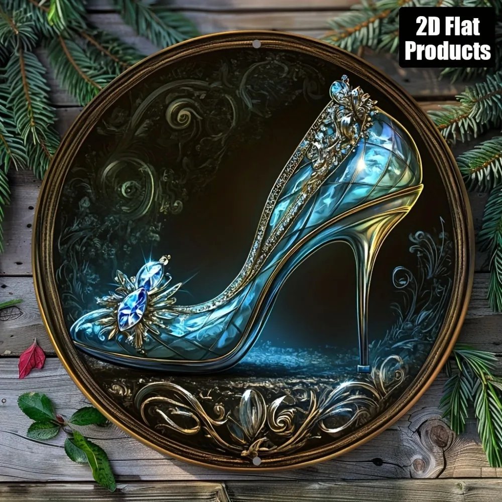 2D Vintage Crystal Shoe Aluminum Wall Art, Retro Blue High Heel Metal Decor, Elegant Home Bar Kitchen Wall Hanging Ornament