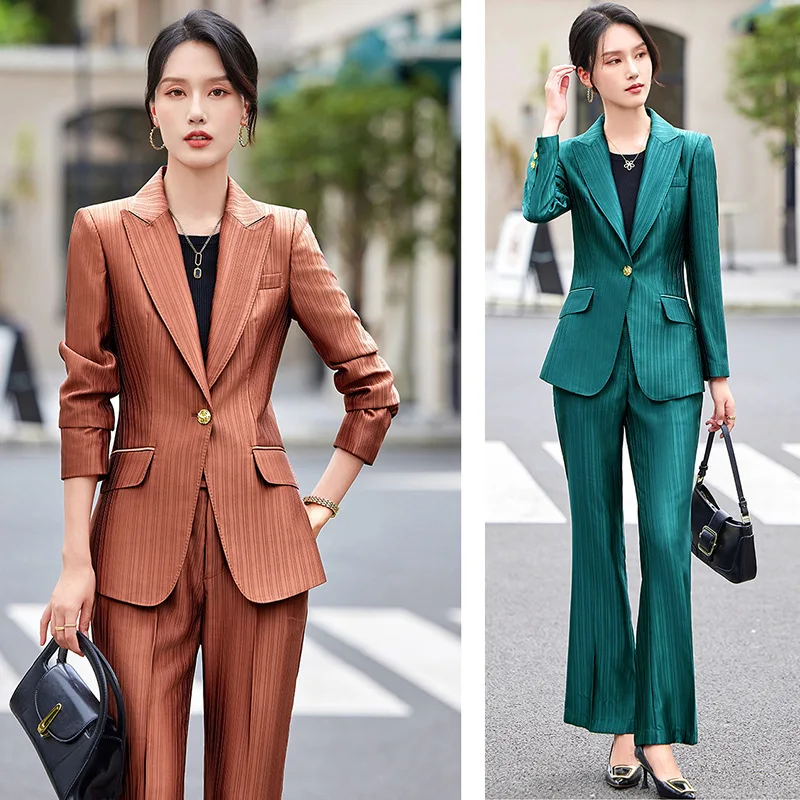 

Business Suit Women2024New Autumn Green Striped Acetate Suit Work Clothes High-End Temperament Workplace Formal Wear