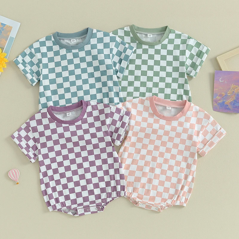 Summer Newborn Infant Baby Boys Girls Romper Playsuit Overalls Cotton Checkerboard Print Baby Jumpsuit Newborn Clothes