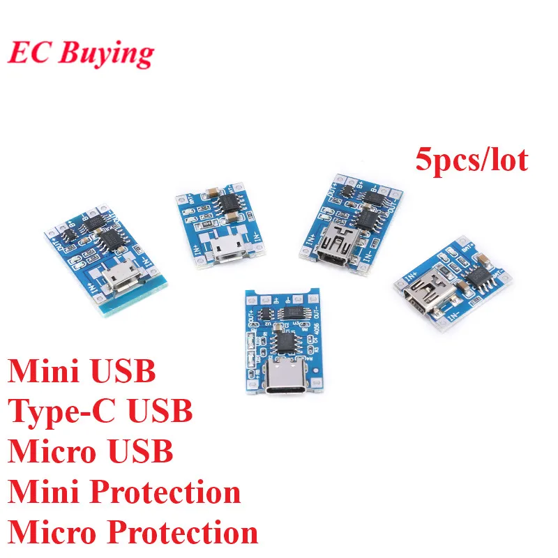 5pcs Type-C Micro Mini USB 5V 1A 18650 TP4056 Lithium Battery Charger Module Charging Board With Protection Dual Functions 1A