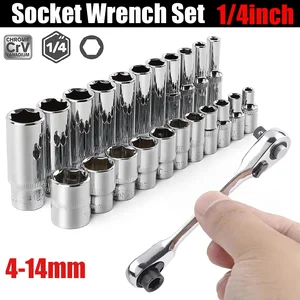 1/4 inch Drive Deep Socket Set 6-Point Hex Short Socket Set Ratchet Wrench 72 Tooth Drive Ratchet Socket Wrench Tool