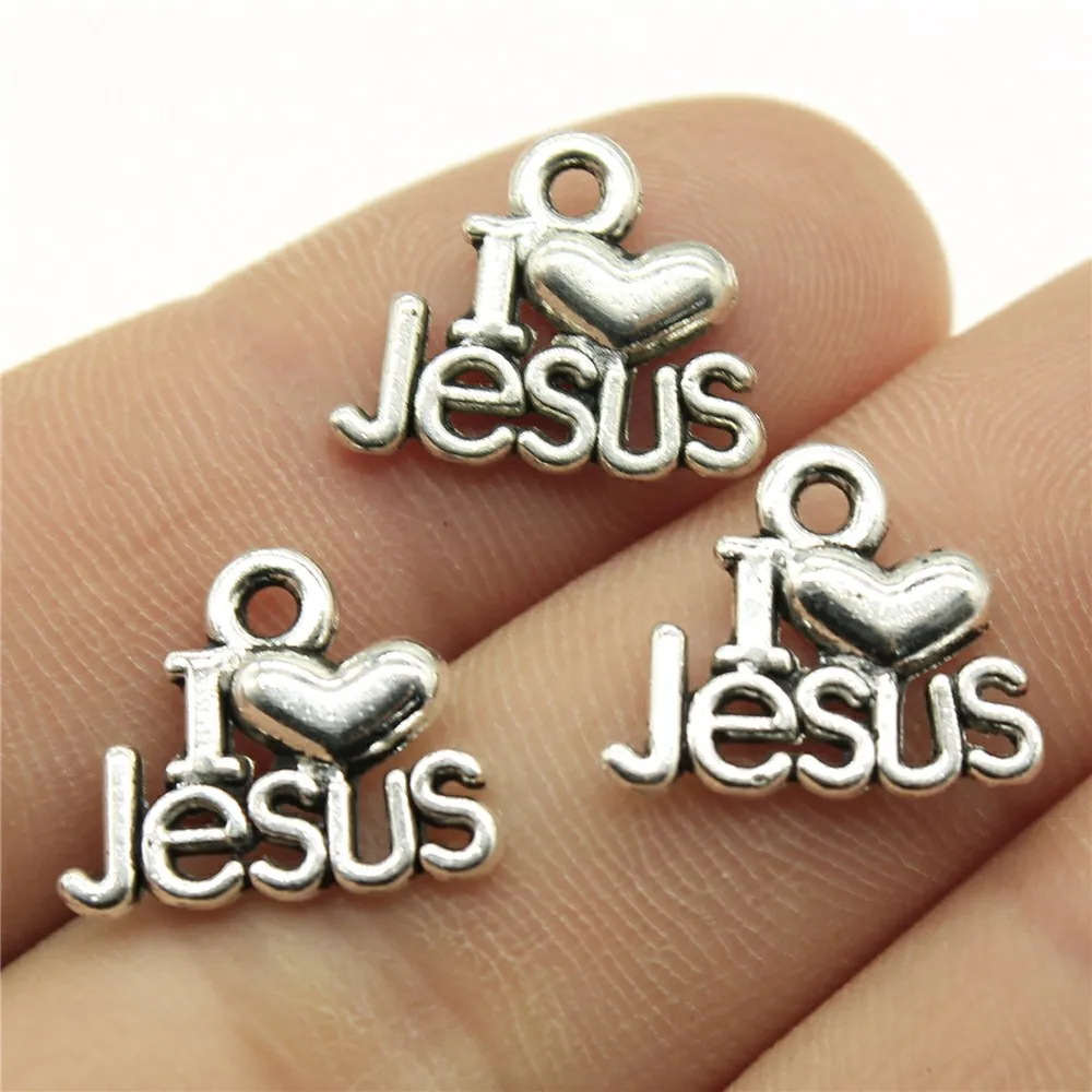 WYSIWYG 20pcs 15x13mm Antique Silver Color I Heart Jesus Charms Jesus Charm I Love Jesus Charm