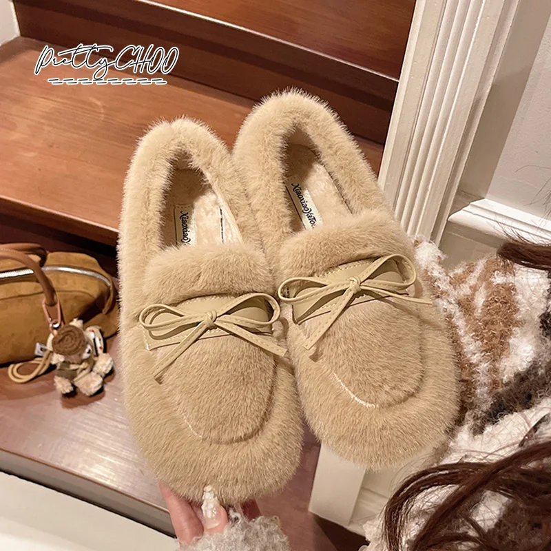Ivory Fur Ballet Flats Woman Bowknot Design Fluffy Moccasin Shoes Ladies Winter Warm Plush Round Toe Flat Leopard Loafers