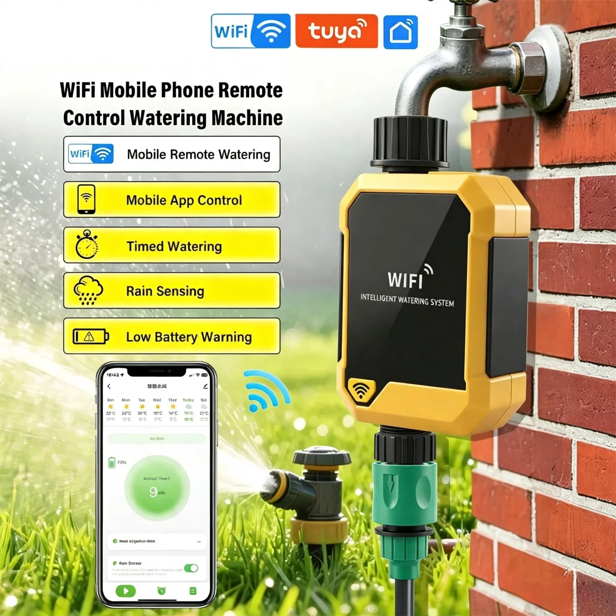 WiFi Water Timer Smart Sprinkler Timer with Rain Sensor Remote Control Irrigation System for Garden Yard Lawn IPX6