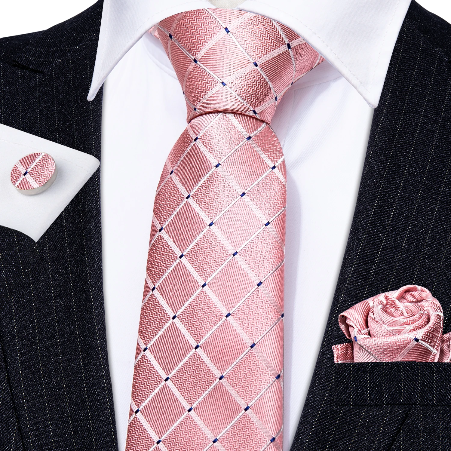 Designer Mens Cravatta Jacquard Cravatta Tasca Quadrata Gemelli Set Salmone Plaid a quadri per uomo Uomo Matrimonio Busniess Regalo per feste