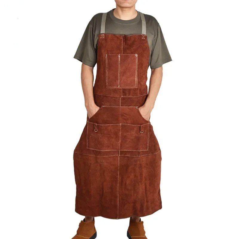 Cowhide Welding Aprons Heavy Duty Adjustable Strap Heat Flame Resistant for Blacksmith Mechanics Carpenter with Tool Pockets