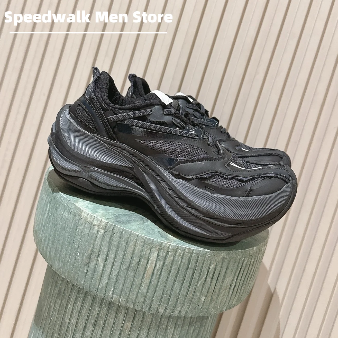 Men Breathable Mesh Synthetic Leather Chunky Sneakers Four Season Platform Casual Running Shoes Non Slip Thick Sole Dad Trainers