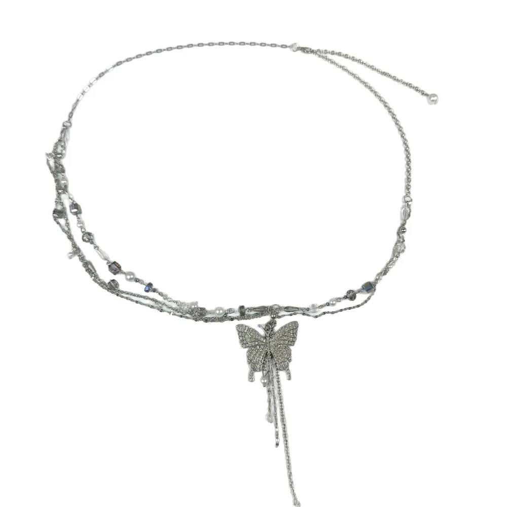 

‌ Многослойное колье-чокер с бахромой-бабочкой — двойное ожерелье и пояс, аксессуар в стиле панк