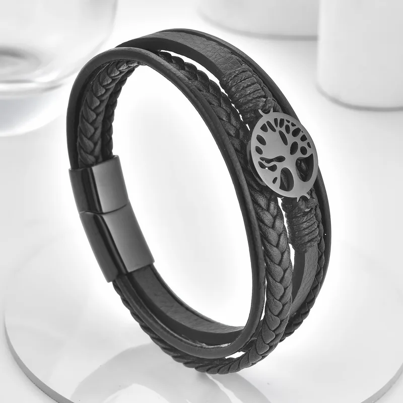 Leather Rope Cowhide Mens Double Layer Stainless Steel Genuine Leather Braided Bracelet Tree of Life Layered Leather Bangle