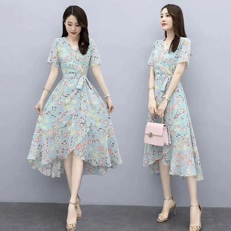 

Women Summer New Chinese Style Slim Elegant Floral Corset V-neck Short Sleeve Midi Dress Ladies Casual Appear Thin A-line Skirt