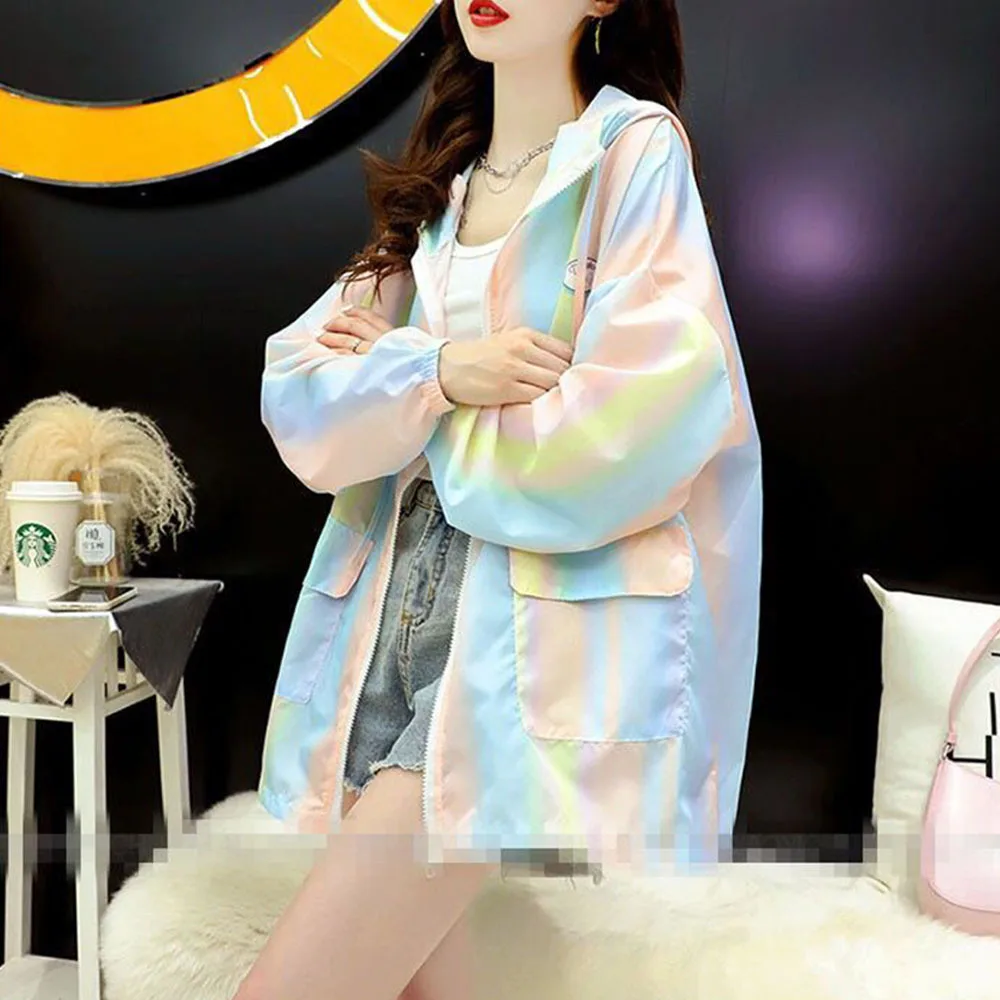 Rainbow Sun Protection Jacket Women\'s Long Sleeve Summer 2022 Korean Ultra-Thin Loose Versatile Breathable Coats Femme Tide