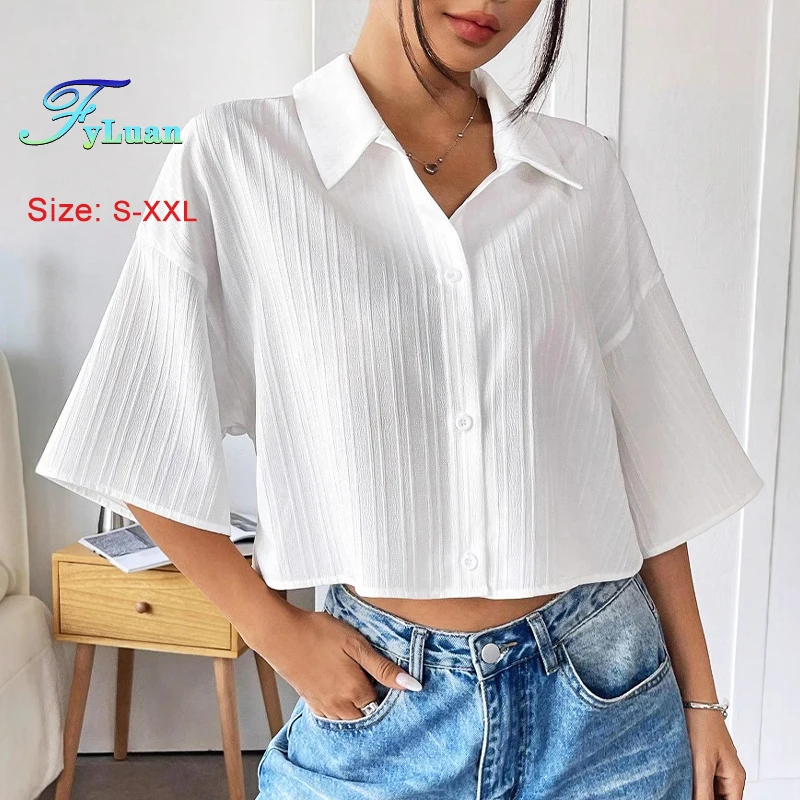 

Summer Short Sleeve Women Shirt White Turn Down Collar One Breasted Shirt Loose Casual Top Fashion Versatile Commuting Cardigan