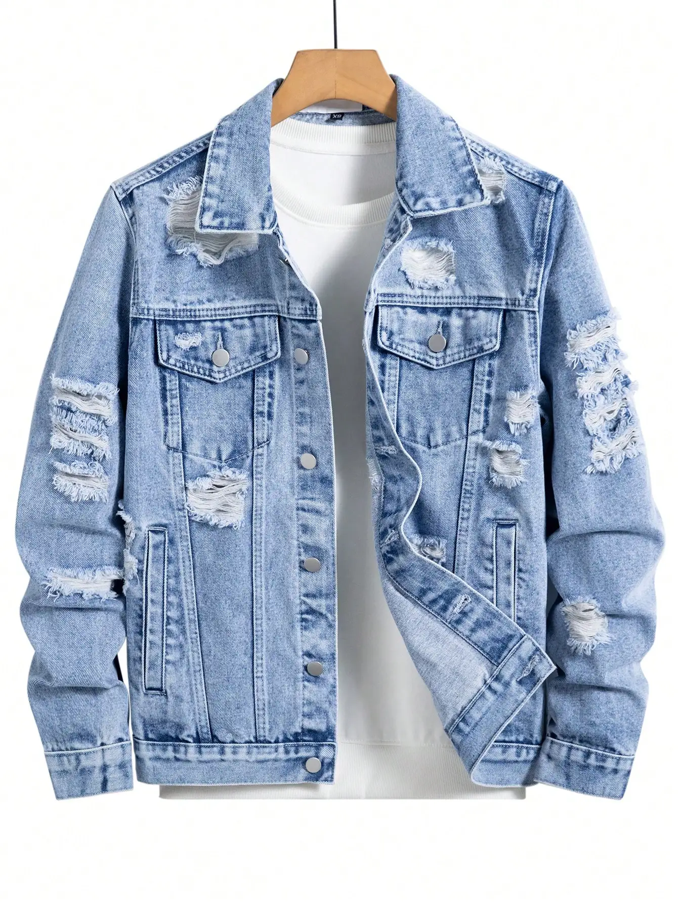Men's Denim Jacket for Spring and Autumn. Blue Ripped Coat. Street Fashion. Vintage-Worn Style. Daily Casual.