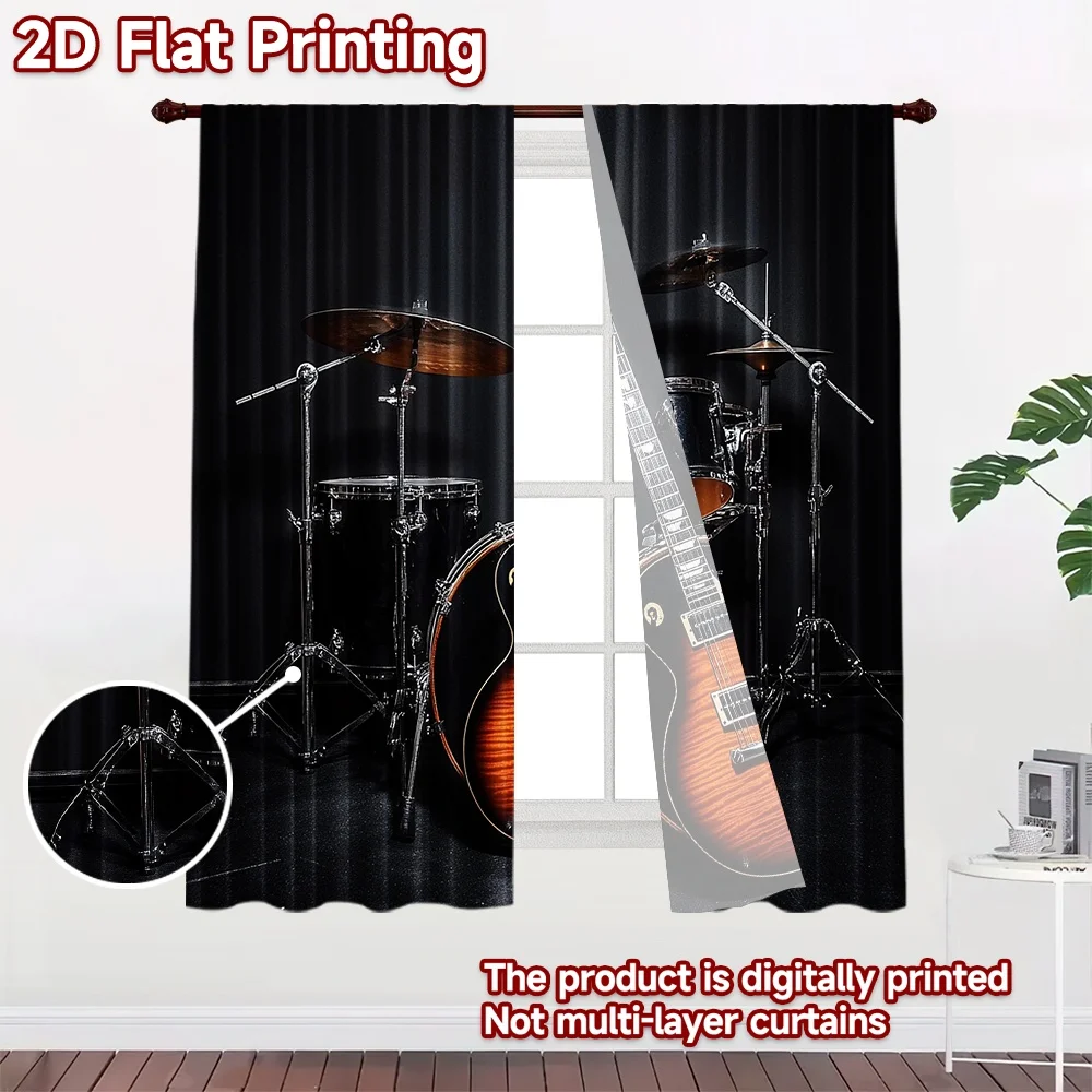 2D flat 2pcs Curtain Home Short Curtains Guitar and Drums Durable polyester fiber Party & Holiday Decor Use for Yard & Garden