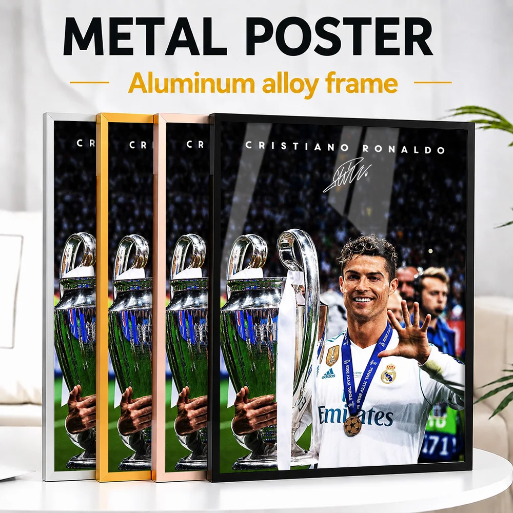 Cristiano Ronaldo With Champions League Trophy Framed Metal Poster Customized Photographic Wall Art For Sports Memorabilia Room