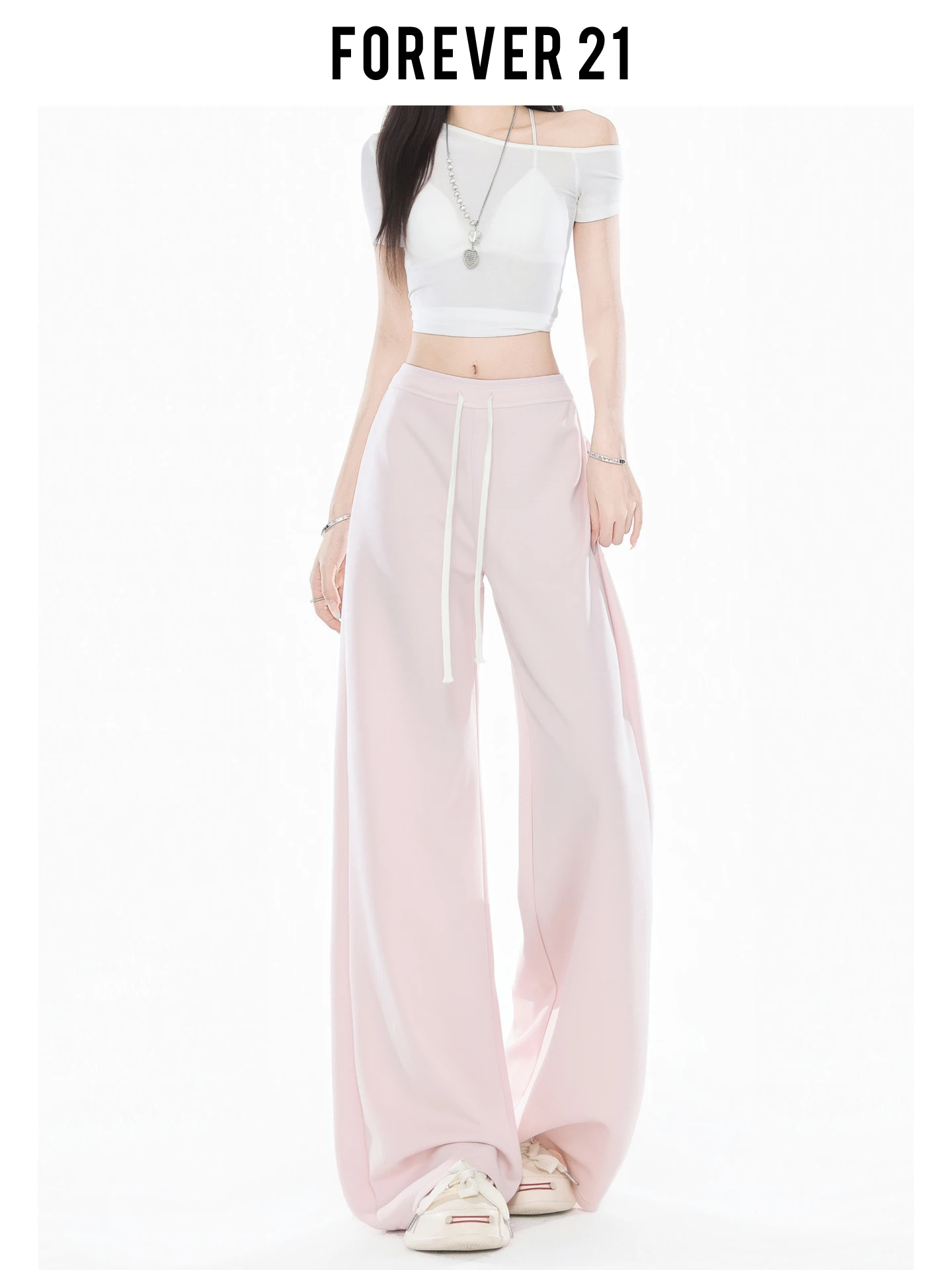 Pantalones Deportivos Casuales de Pierna Ancha y Cintura Alta con Cordón Ajustable para Mujer, Color Rosa Dulce de Verano, Marca Forever 21, Forma de Pera
