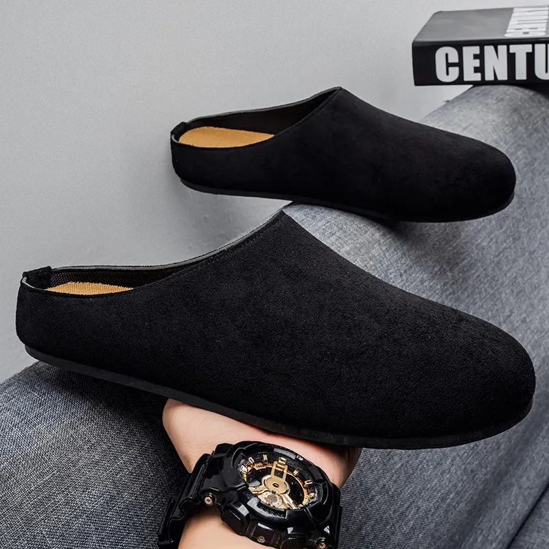 

2026 New Fashion Men's Slippers New Retro Solid Color Flat Bottom Slingback Shoes Closed Toe Round Toe Suede Clogs Sandals