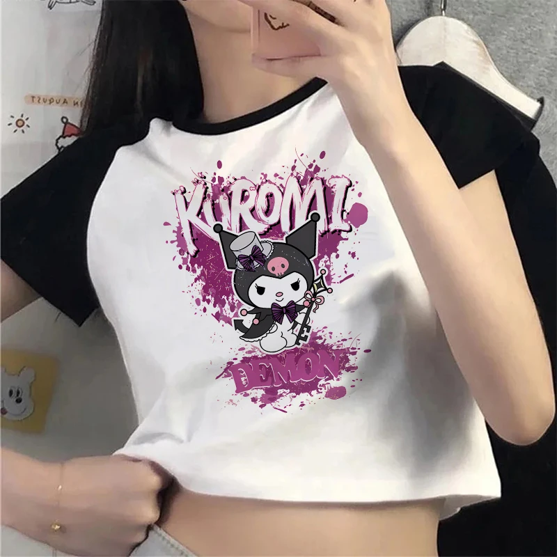 Gotik Kırpma Üst Kuromi T Gömlek Kırpılmış Sanrio Kuromi Kadın Manga T-shirt Grafik Tshirt streetwear en Tees Kadın