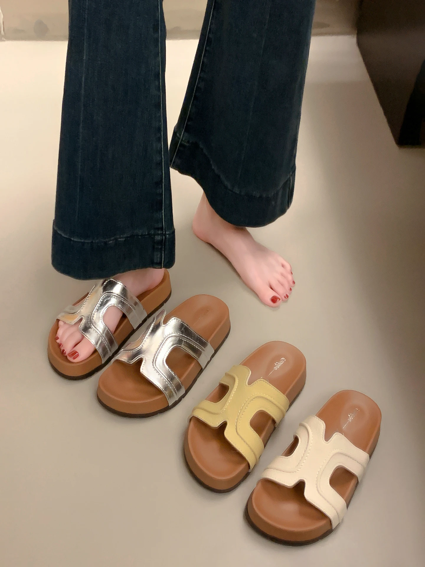 厚底ローマ風スライドスリッパ-レディース-夏用-アウトドア-ビーチ-旅行-カジュアル-ホローアウト-レザーサンダル-フラットヒール