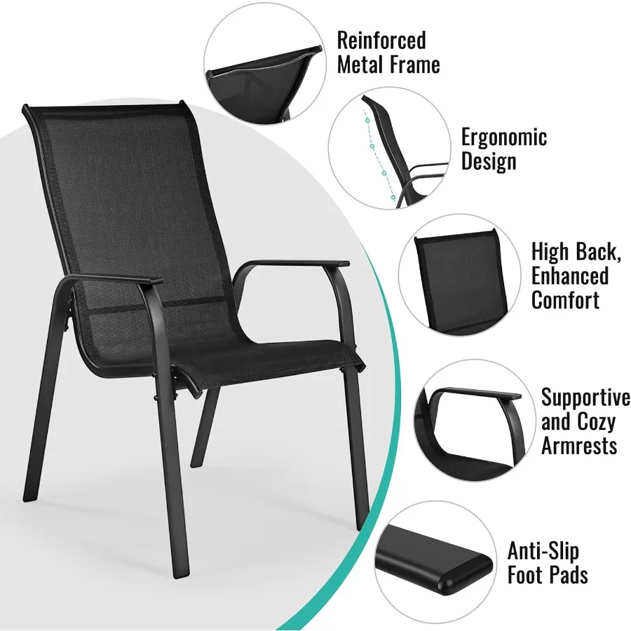 مجموعة من كرسيين لتناول الطعام في الفناء، وكراسي فناء قابلة للتكديس في الهواء الطلق مع مسند ظهر/مساند للذراعين، وكراسي مناسبة لجميع الأحوال الجوية للحديقة/الحديقة/الشرفة