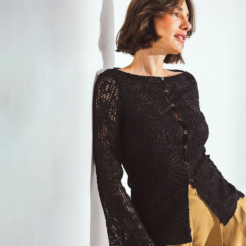 

Linad Viintage White Embroidery Blouse For Woman Elegant Flare Sleeve Lace Shirts Sexy Hollow Out Top 2025 Autumn Tops Female