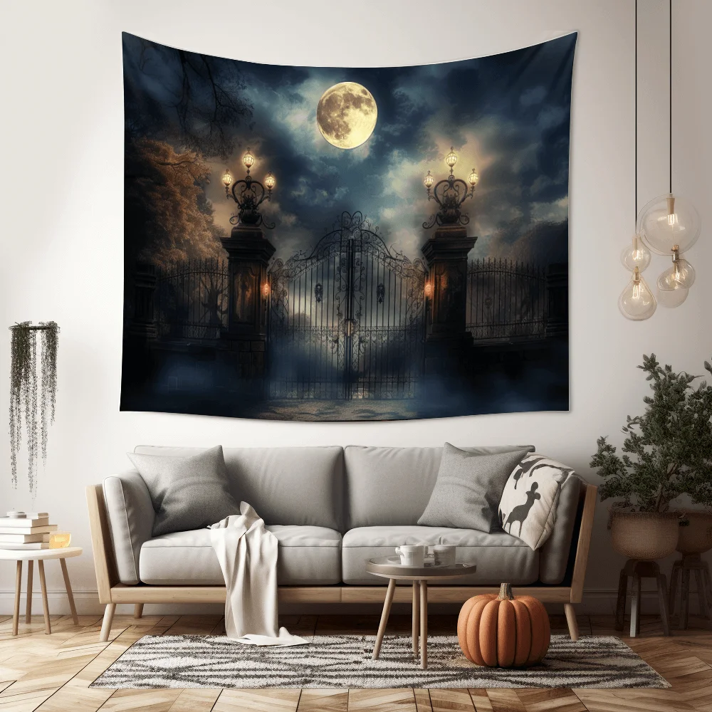Haunted House Door Tapestry - Moonlit Gothic Horror Theme Wall Hanging for Halloween Home Decor