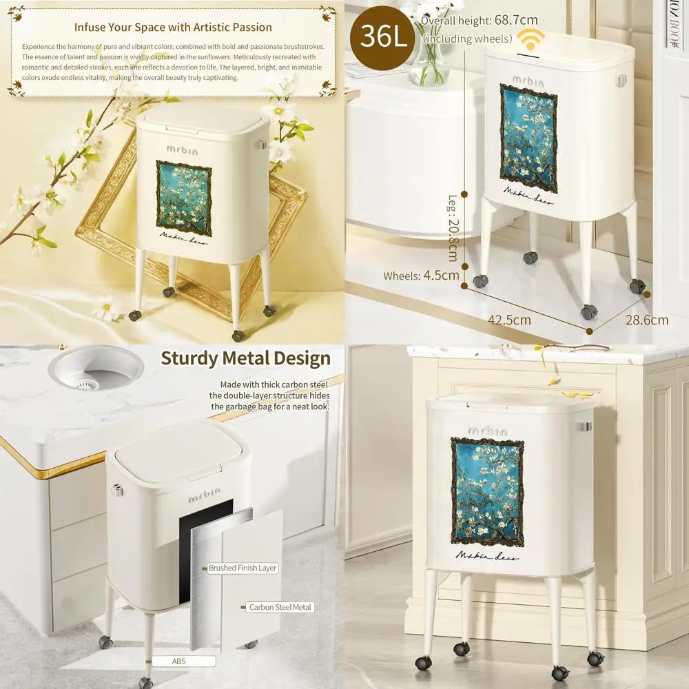 

36L Slim Wheeled Trash Can, Pet-Resistant Medium Lid, Suitable for Home Rooms, Almond Blossom