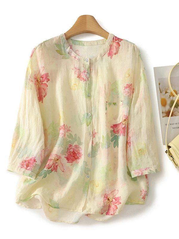 

Summer 2026 Women's Loose Fit round Neck Printed Linen Shirt Breathable Casual Versatile plus Size round Neck Top