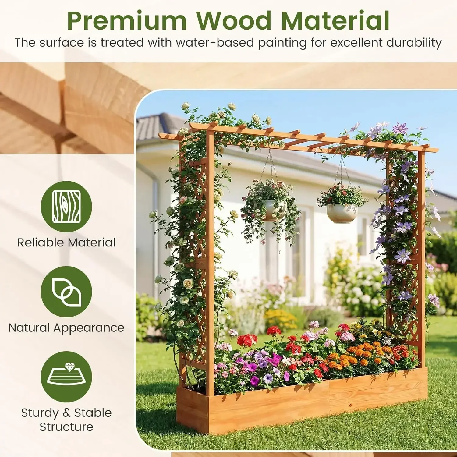 S AFSTAR 77-Inch Raised Garden Bed with Arch Trellis, Hanging Roof & Drainage Holes, Vertical Plant Container for Vine Climbing