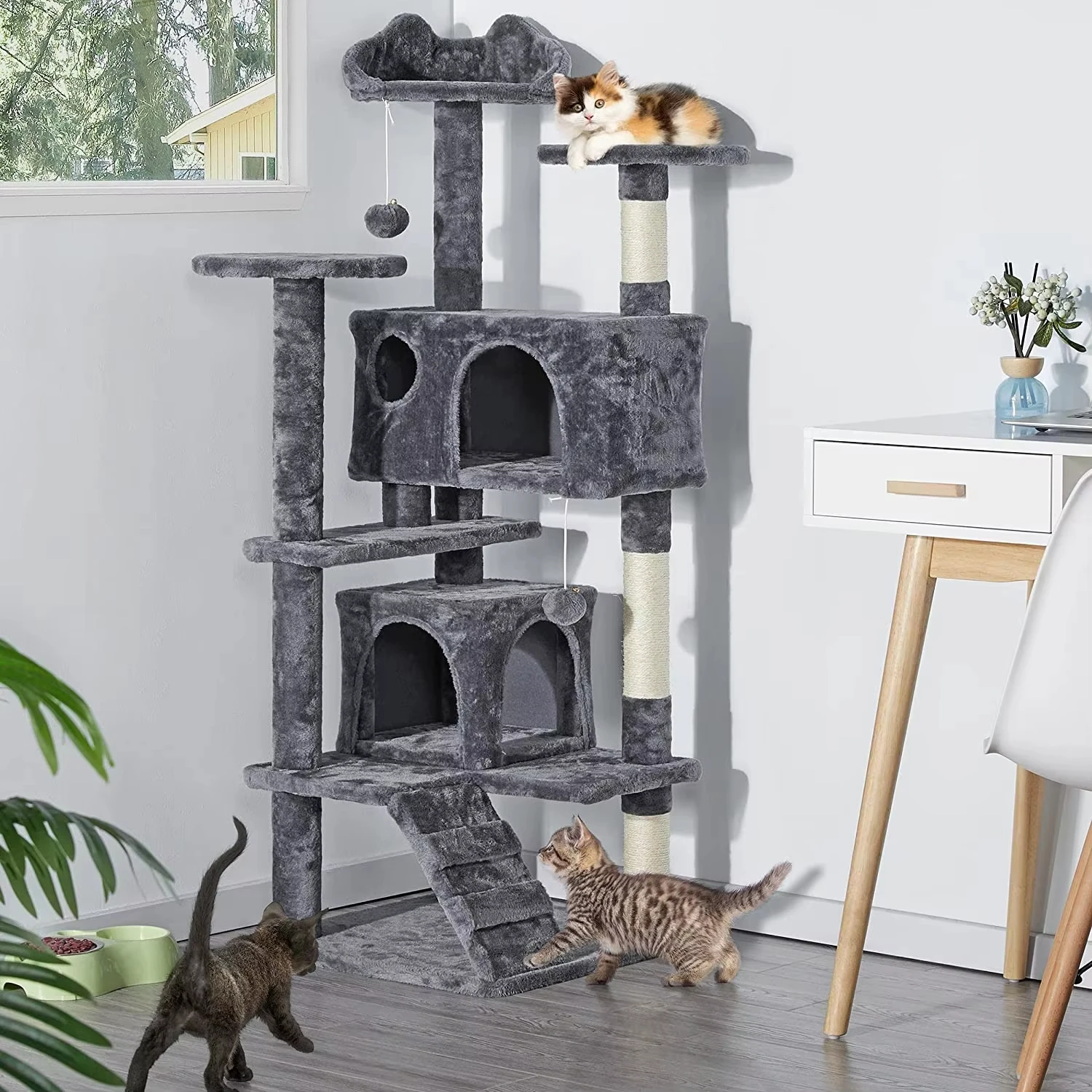 Groot Formaat 54.5 "Dubbele Condo Kat Boom Houten Huisdier Krabber Huis Toren Condo Kat Boom Meubels Met Krassen Post Toren