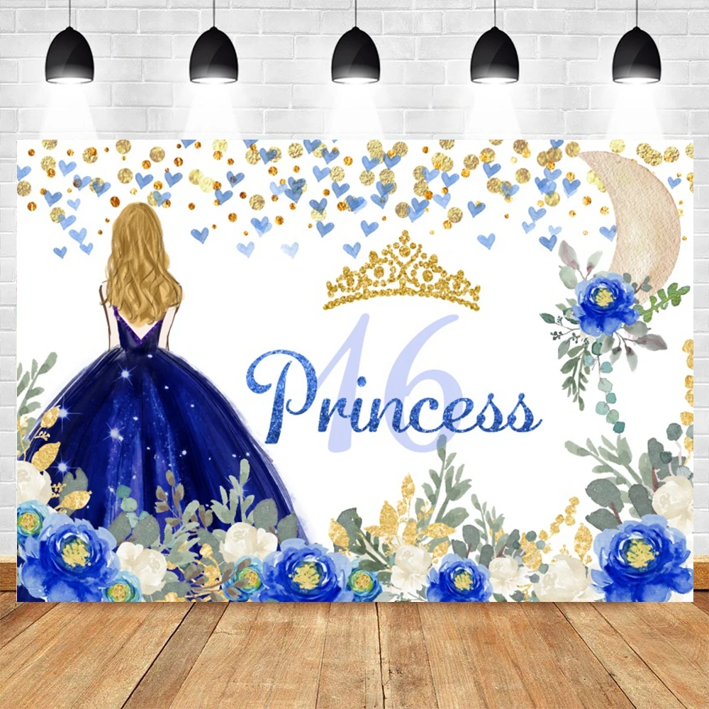 Backdrop for Photography Birthday Party Quinceanera Sweet 15 16th Princess Girl Glitter Crown Flower Dress Photo Background Prop