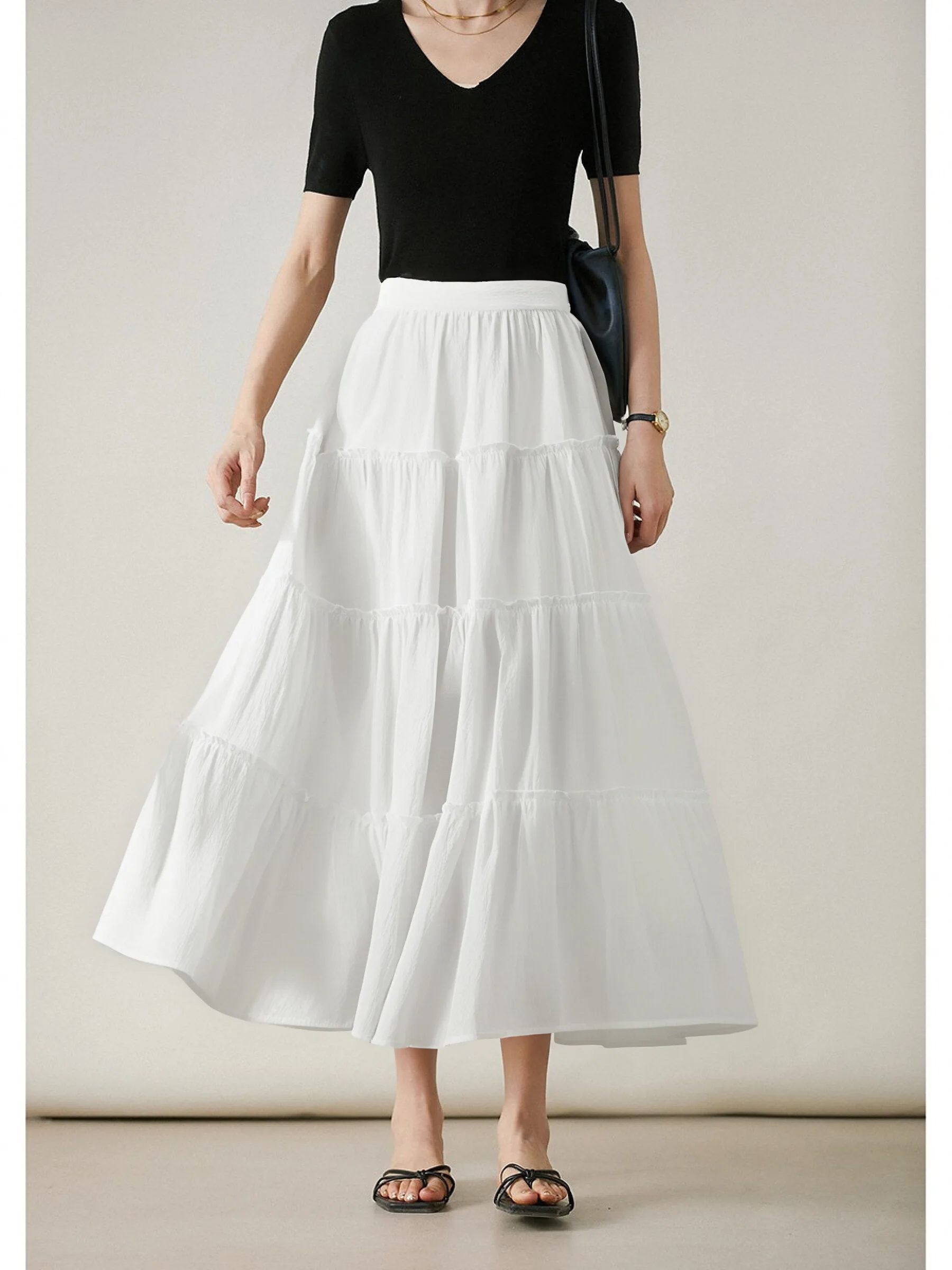 VIMLY Women's Casual Elegant White Skirt 2025 Summer Commuter Elastic Waist A-Line Cake Skirt Breathable Quick-Drying Skirt