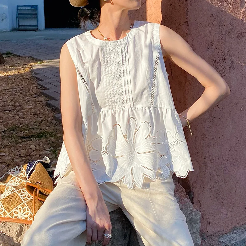 French Style Summer Boho Blouse Shirt Women White Sleeveless Hollow Out Floral Embroidery Round Neck Lace Ruffle Vacation Tops