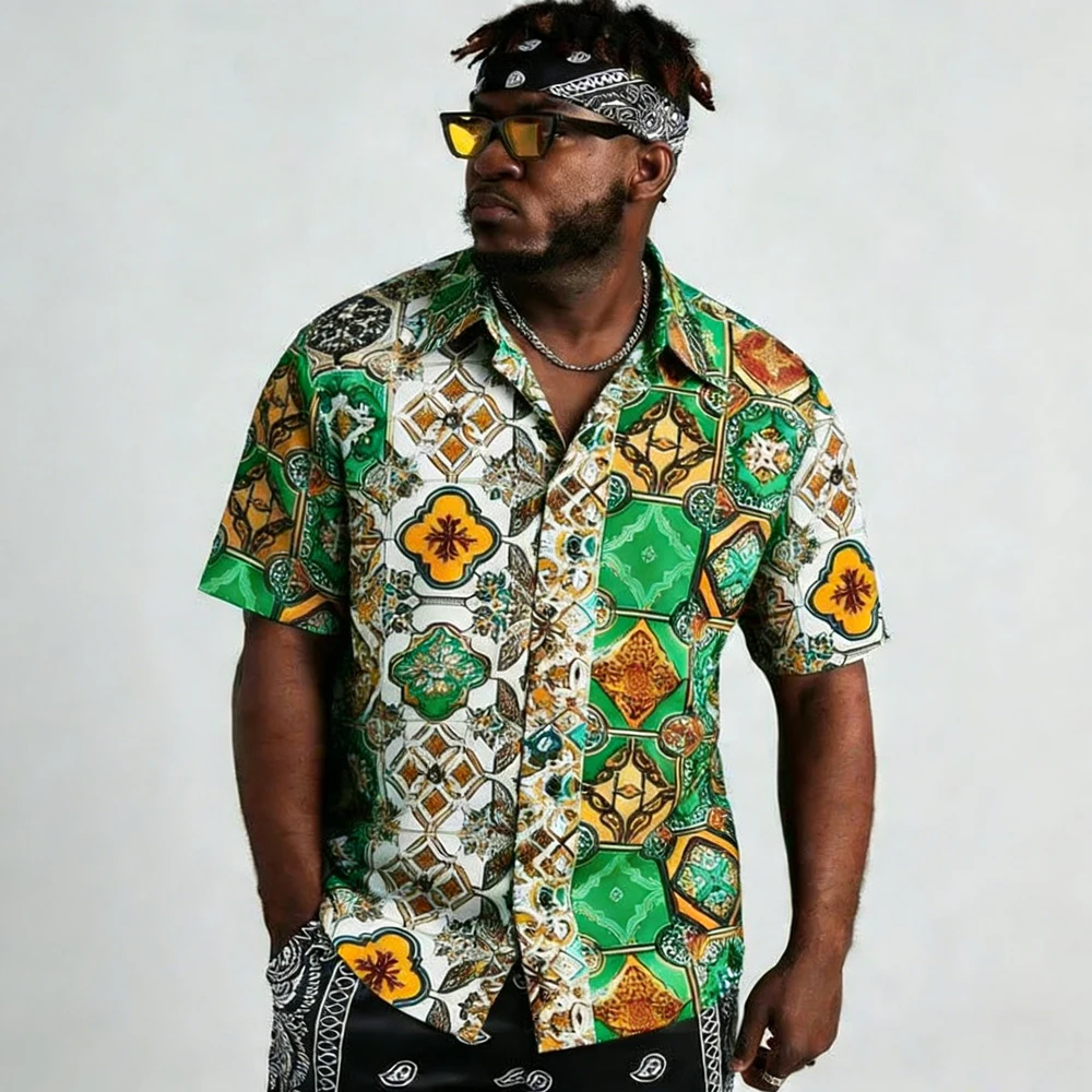 

Men's Simple Fashion Short-Sleeve Collar Shirt Natural Geometric High-Definition Printed Shirt Hawaiian Social Men's Clothing