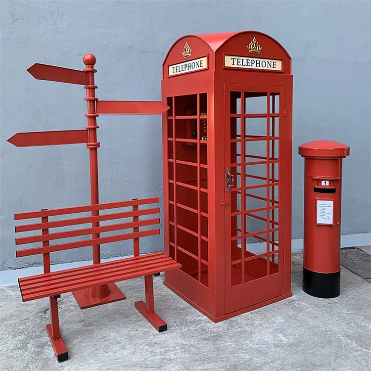 

Vintage London Telephone Booth Mail Box and Bench Sets Backdrop Flower Arch Shopping Mall Outdoor Streets Decor