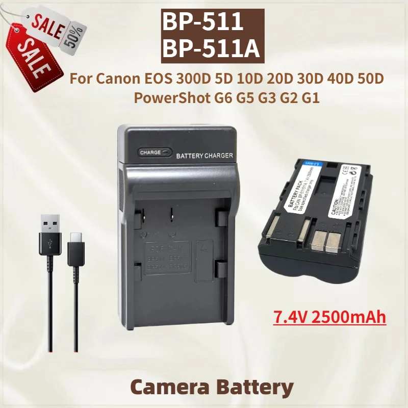 

Camera Battery BP-511A BP-511 7.4V 2500mAh + Type-C Charger For Canon EOS 20D 30D 40D 300D 5D 10D 50D Brand New High Quality