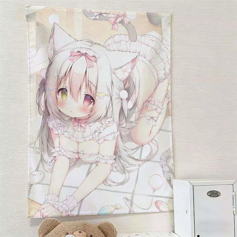 VIKAMA Pastellfarbener Neko Anime Wandteppich Süßer Weicher Kawaii Ästhetischer Wandbehang Schlafzimmer Wohnheim Apartment Gaming-Raum Dekoration