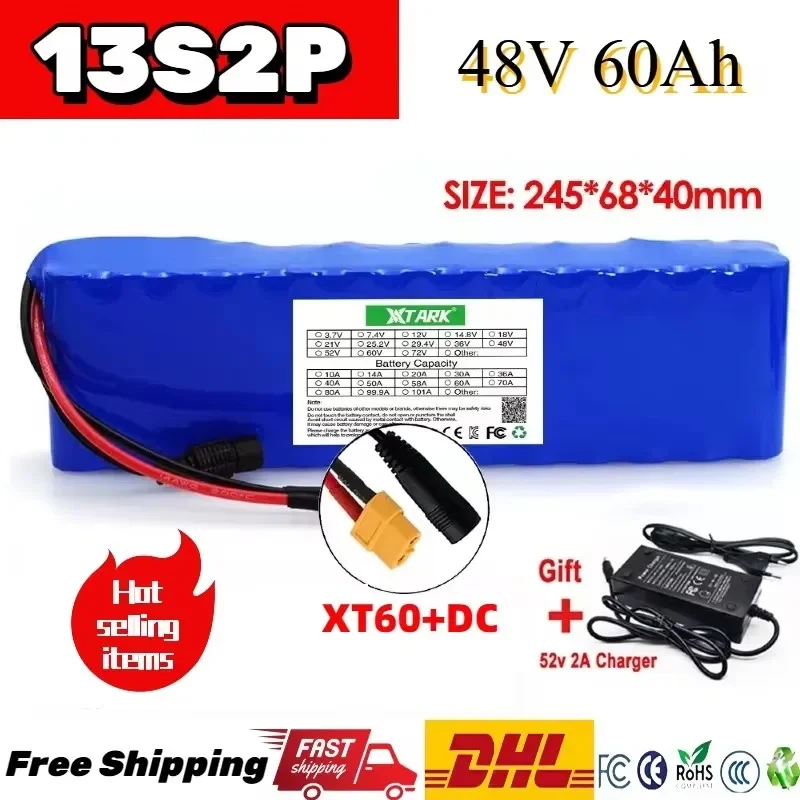 

2024 electric scooter Battery 48V 60Ah 1000w 13S2P XT60 Lithium ion Battery Pack 60000mah ForElectric bicycle with BMS+charger