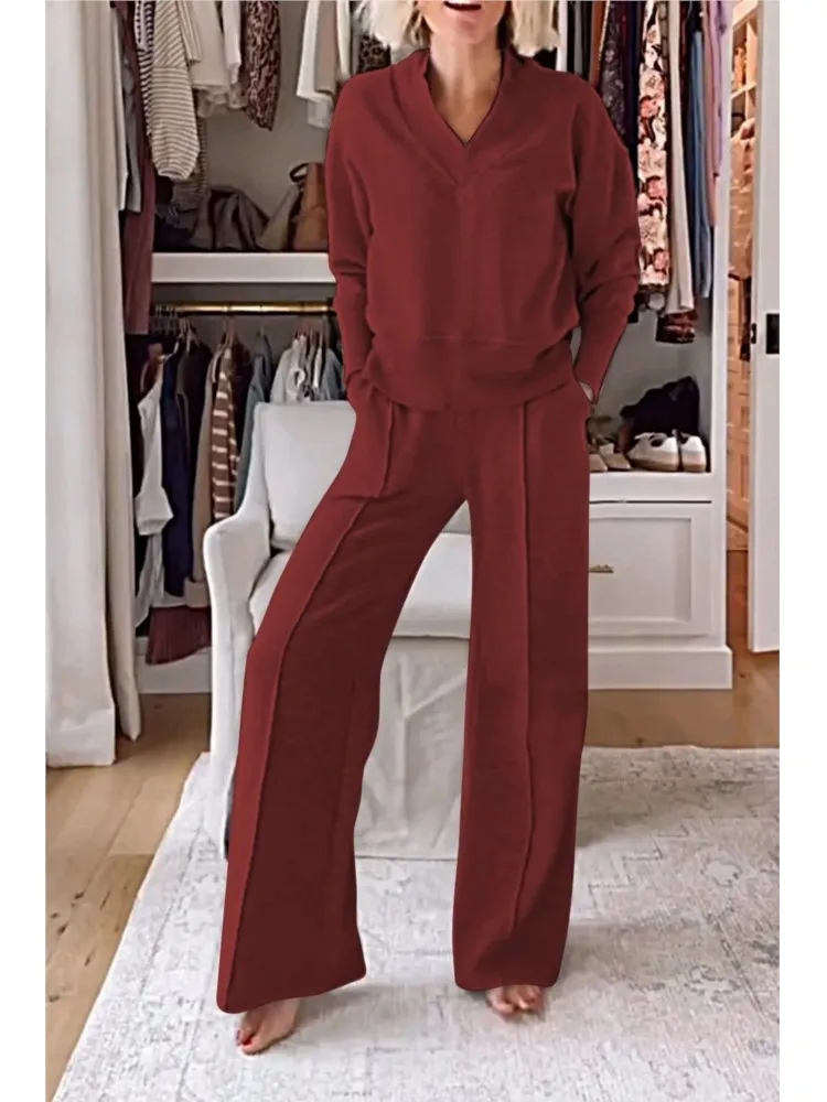 Autumn Winter Casual V-neck Long Sleeve Sweatshirt Wide Leg Pant Sets Women Solid Loose Pocket Trousers Sports 2-pieces Sets