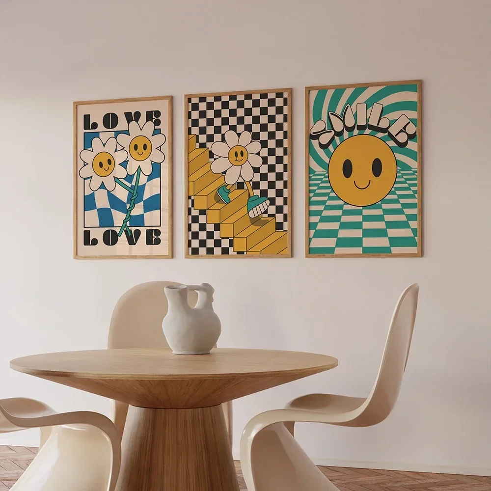 Klassische Vintage-Wandkunst, lachende lächelnde Blume, Cartoon, flippige Hippie-HD-Leinwanddruck, Poster für Zuhause, Wohnzimmer, Schlafzimmer, Dekoration