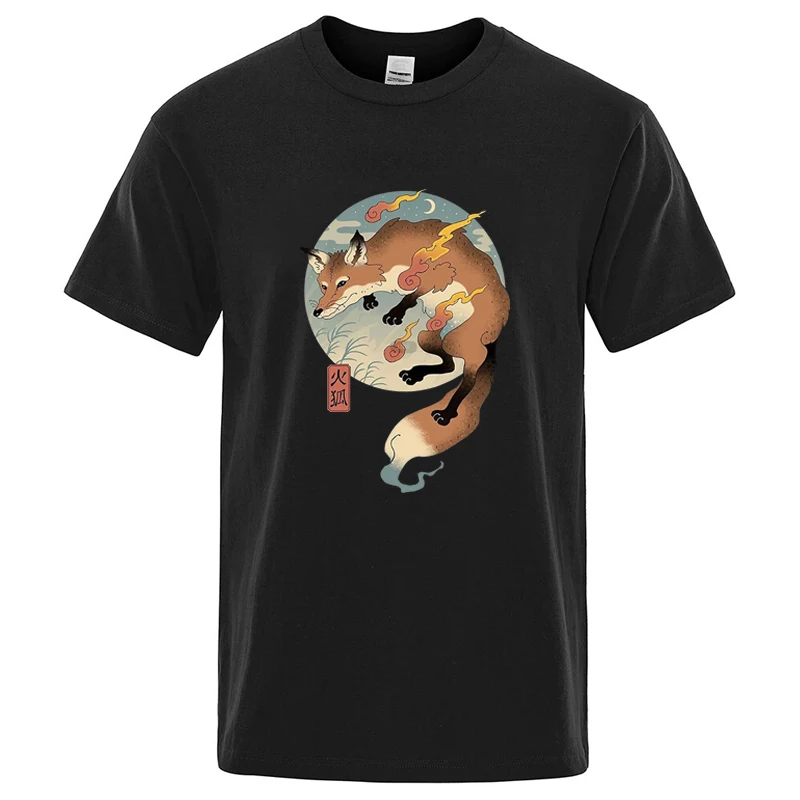 Cotton Blend Short Sleeve TShirt Japanese Ukiyo-e Fire Fox Graphic Casual Streetwear Unisex Summer Top Gift for Lovers Men Women