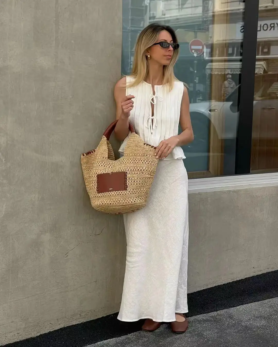 

2025 Summer Women Cotton Linen Long Skirt Suit Sexy Sleeveless V-neck Lace-up Top Pleated Set Elegant Dress 2 Piece Skirt Sets