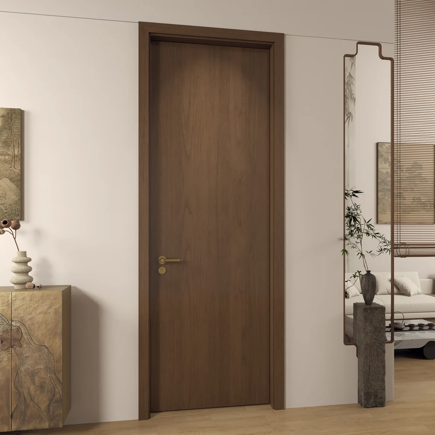 Medieval style solid wood bedroom door, Song-style aesthetic wood grain color without aldehyde