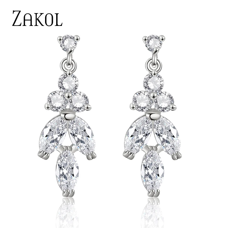 ZAKOL Shinny Leaf Dangle Earrings for Women White Gold Color Cubic Zirconia Bridal Wedding Party Dinner Jewelry EP4048