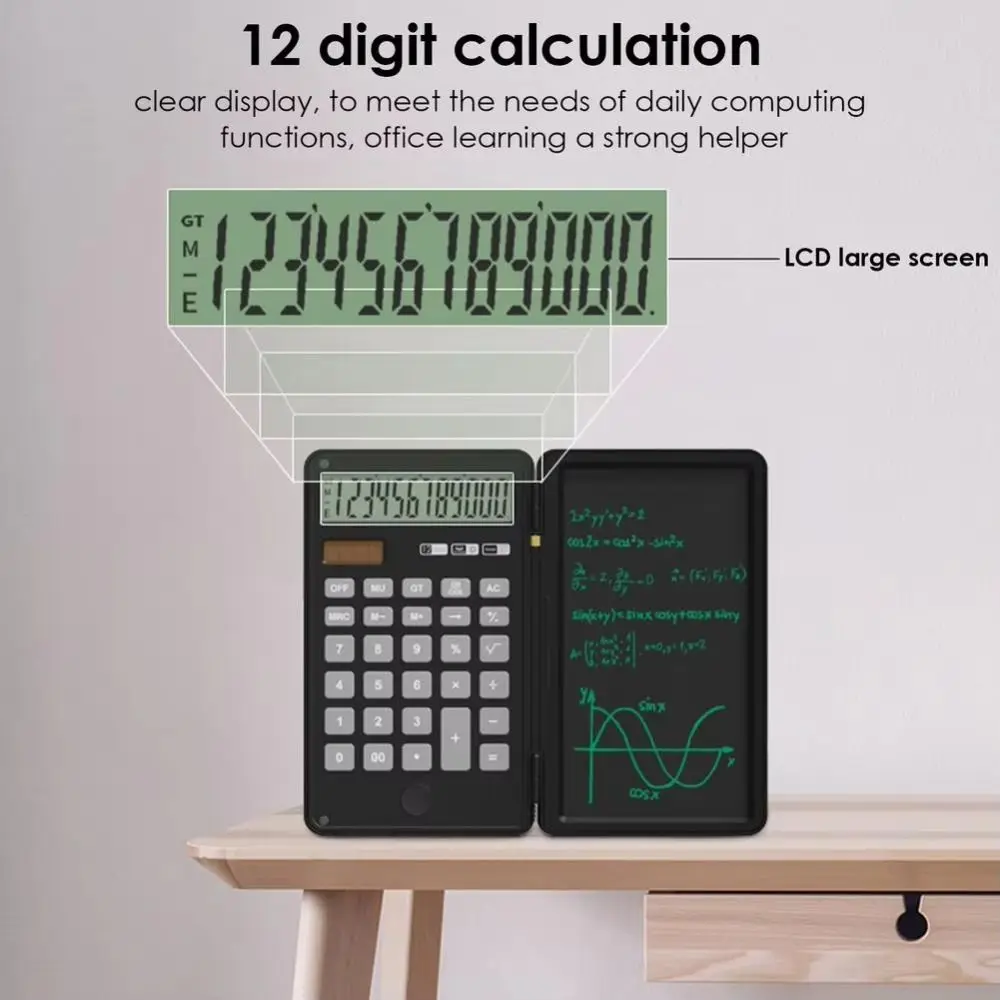 2in1 Scientific Calculator Large Screen Display Foldable Office LCD Drawing Pad Erasable 12 Digits Display