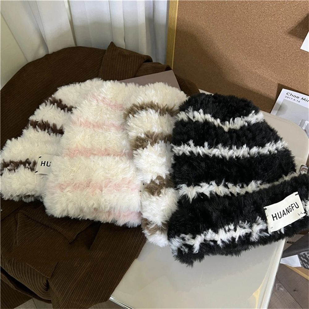 Winter Plush Warm Knitting Hat Big Head Circumference Striped Wool Hat Women Beanie Cap Pullover Hat Beanies Skullies Gorras