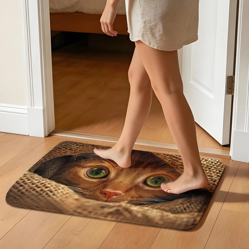 Orange Cat Green Eyes Portrait Print Doormat Non Slip Absorbent Floor Mat Pet Entry Decor Rug